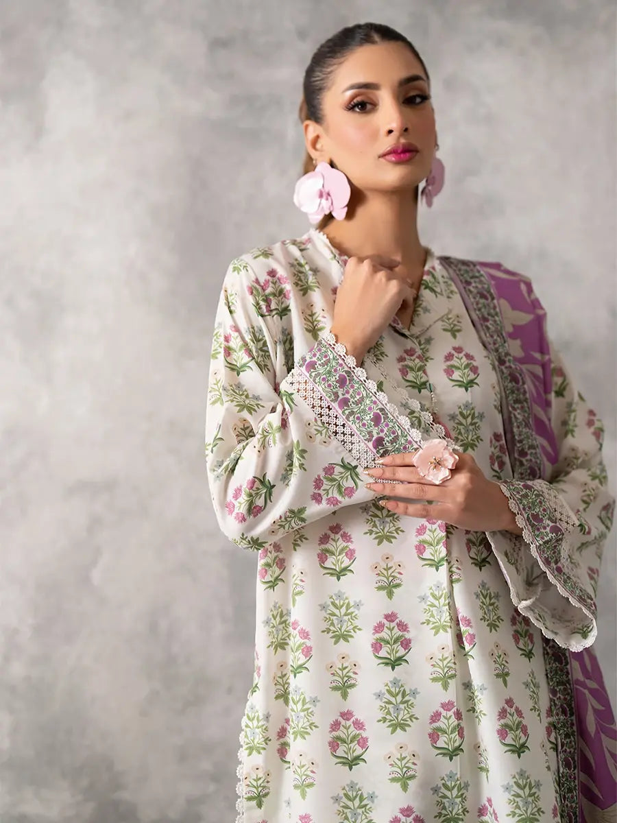3pc Unstitched - Printed Lawn Silk Suit (ASI032)