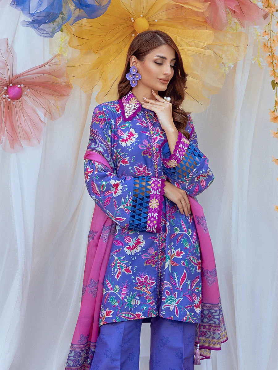 3pc Unstitched - Printed Lawn Silk Suit