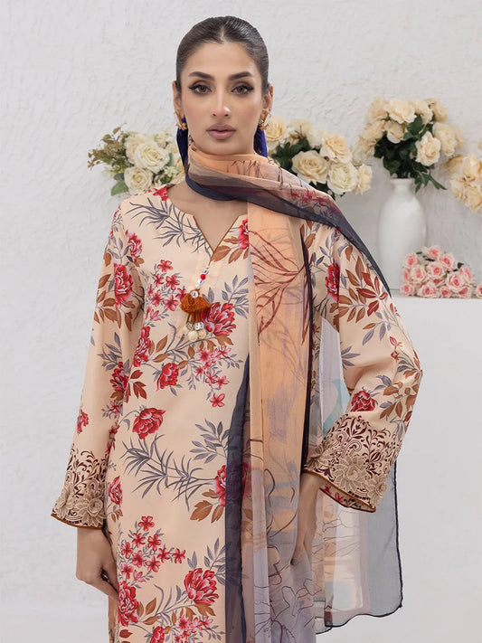3pc Unstitched - Printed Lawn Silk Suit (ASI086)