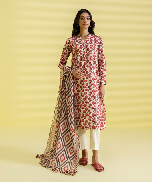 PRINTED LAWN SUIT - Red and Off white