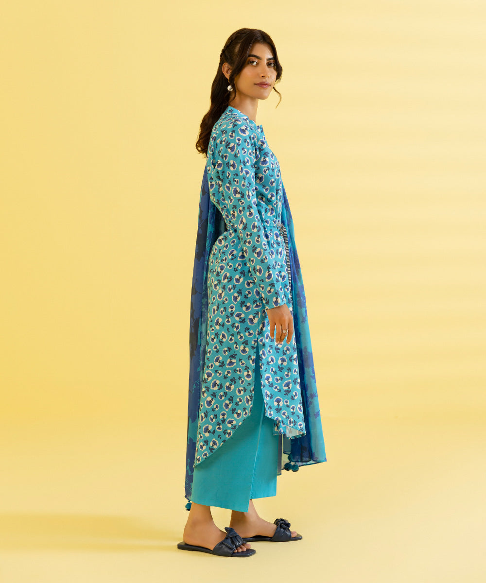 PRINTED LAWN SUIT - Cyan Blue