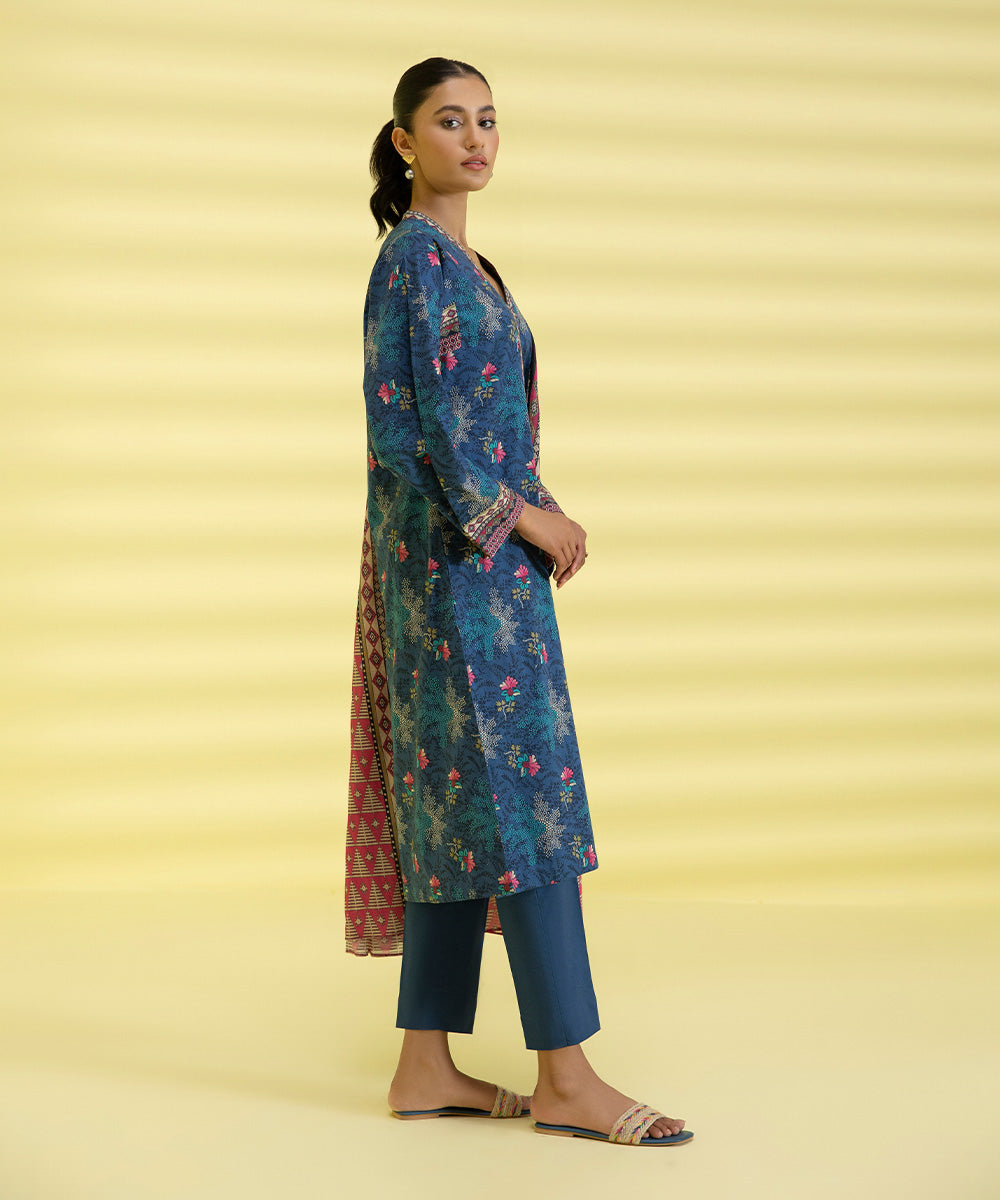 PRINTED LAWN SUIT - Stone Blue & Pink