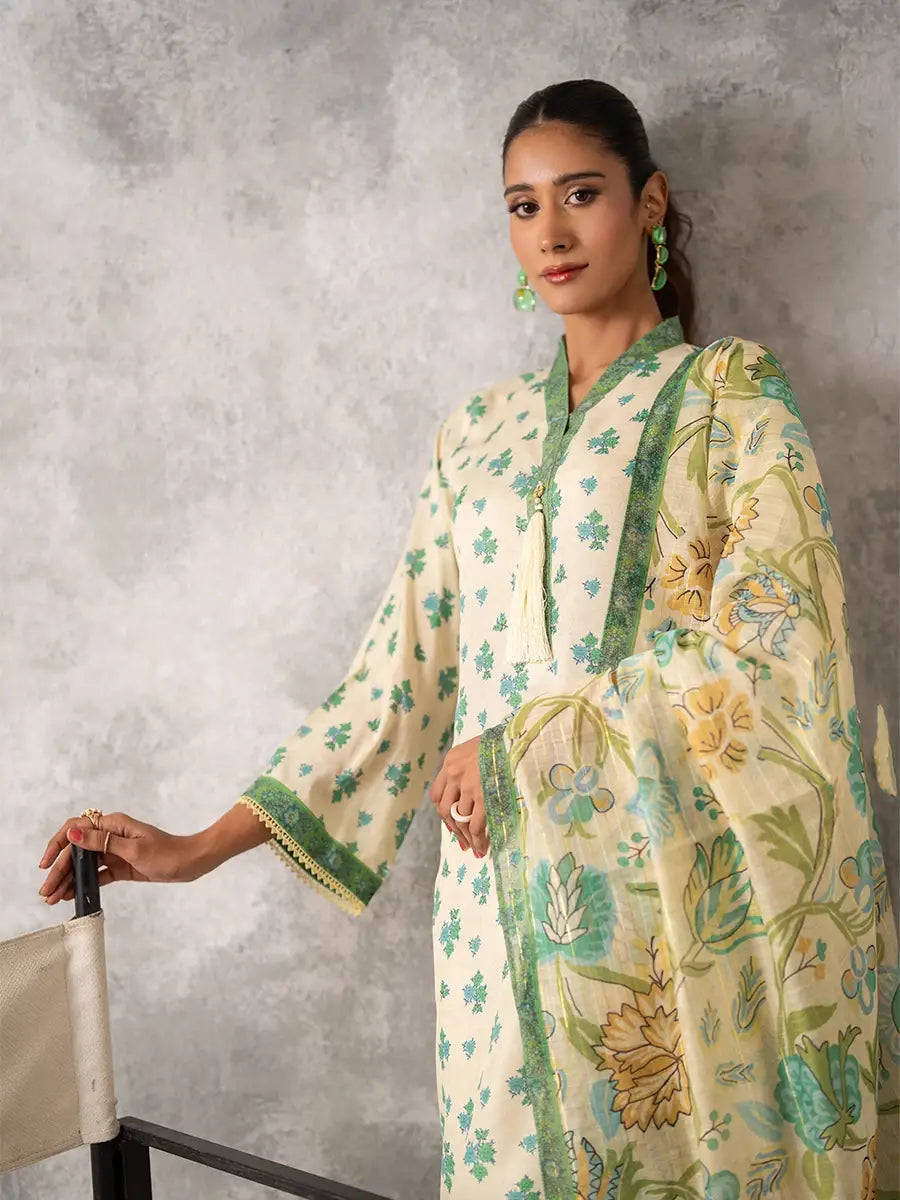 3pc Unstitched - Printed Lawn Silk Suit (ASI036)