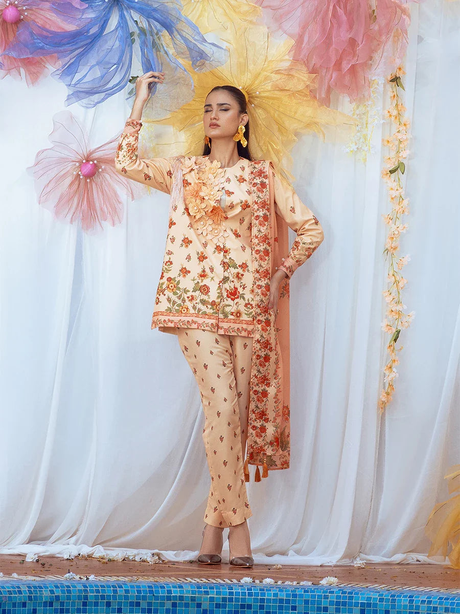 3pc Unstitched - Printed Lawn Silk Suit