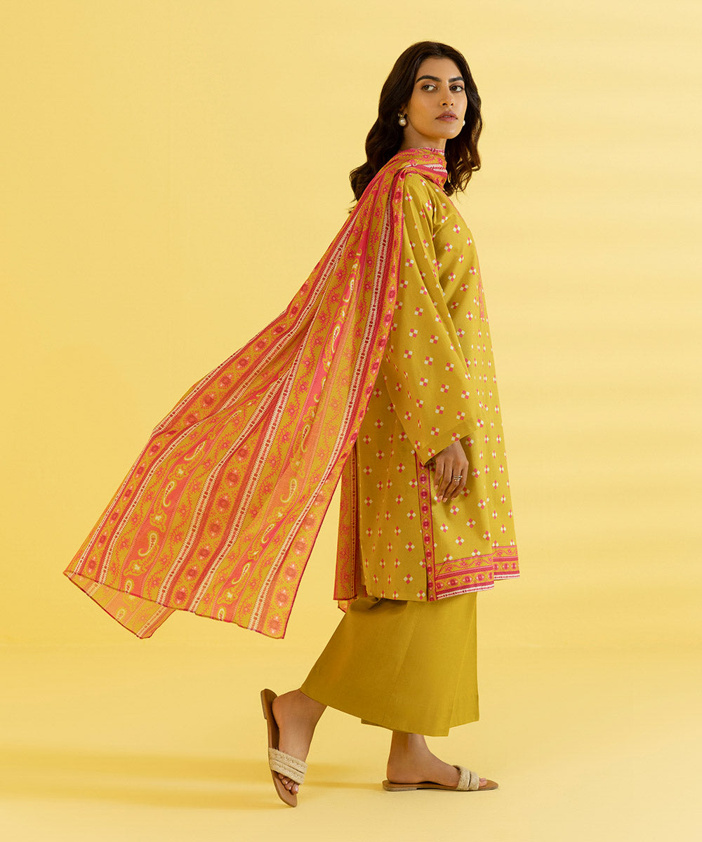 PRINTED LAWN SUIT - Mustard & Pink