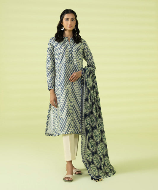 PRINTED LAWN SUIT - Off White and Blue
