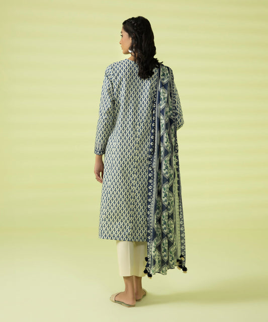 PRINTED LAWN SUIT - Off White and Blue