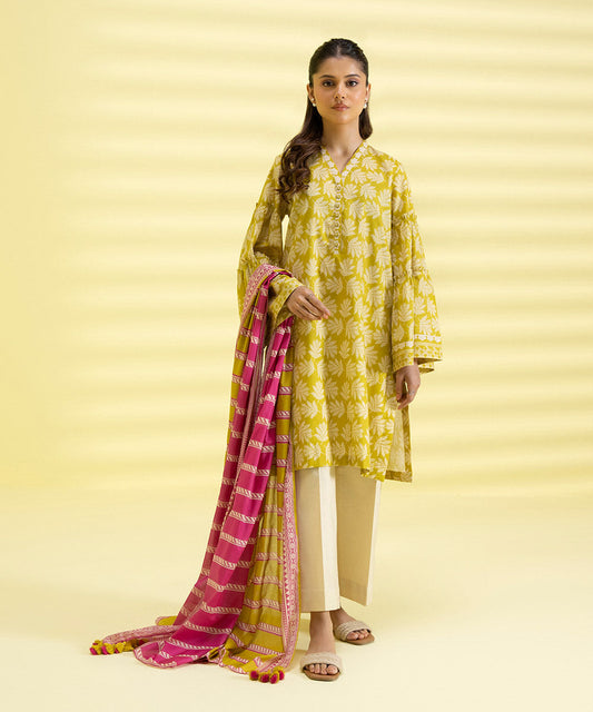 PRINTED LAWN SUIT - Mustard