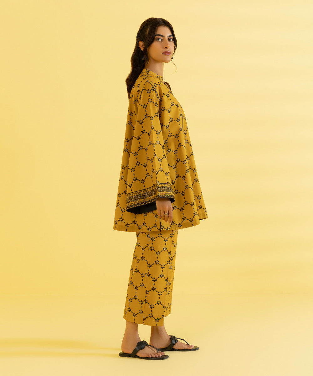 PRINTED LAWN SUIT - Mustard