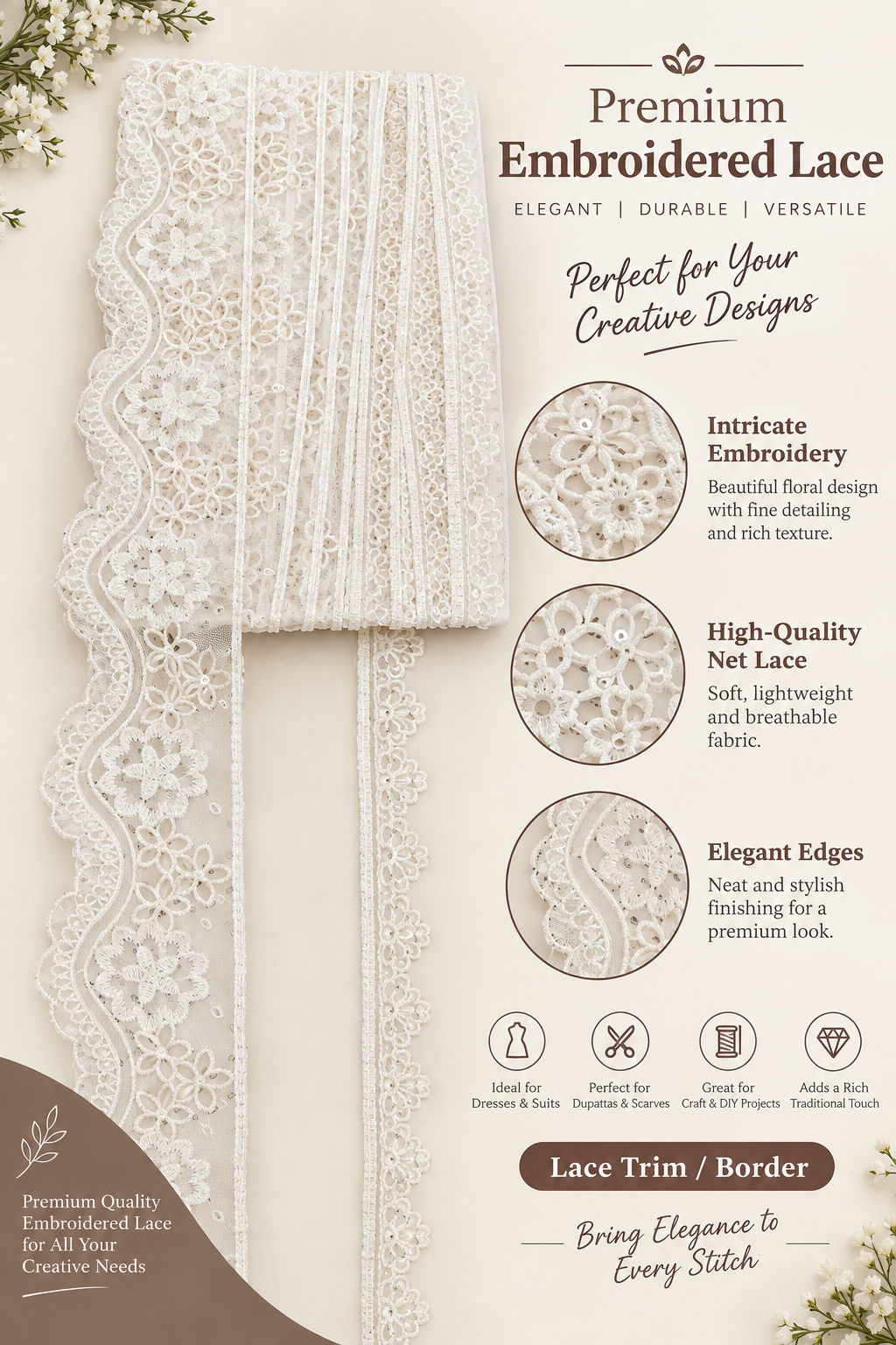 Premium Scalloped Lace- Milky White
