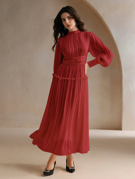 Sparkly Fabric Puffy Sleeve Waist Patchwork High Waist Dress