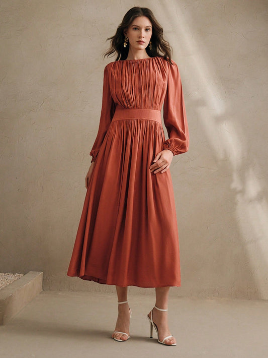 Woven Orange Red Pleated Long Dress