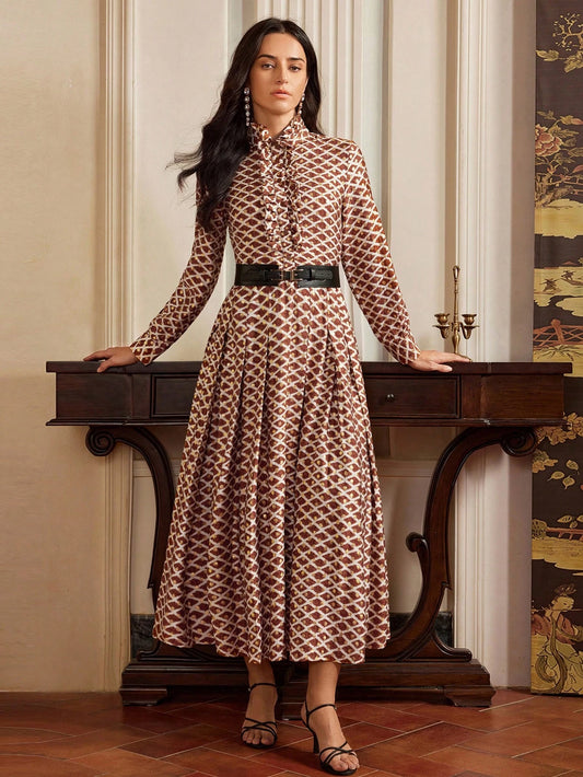 Retro Metallic Printed Ruffle Hem Dress For Women,