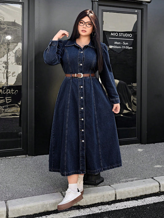 Plus Size Women's Long Casual Denim Shirt Dress