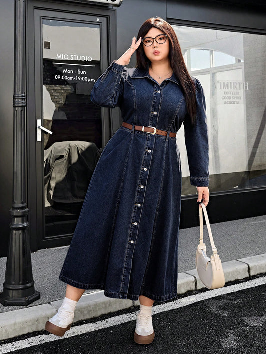 Plus Size Women's Long Casual Denim Shirt Dress