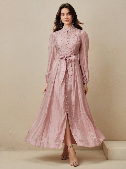 Women's Long Dress With 3D Rhinestone Decor