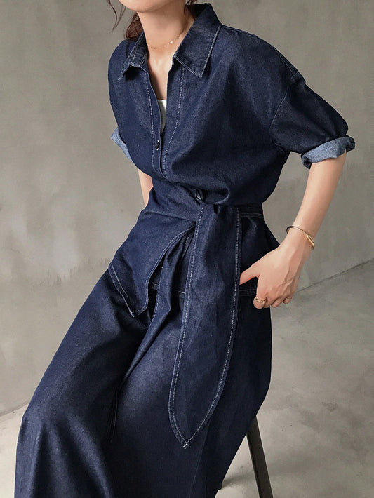 Women Casual Loose Drawstring Shirt And Denim Skirt 2-Piece Set