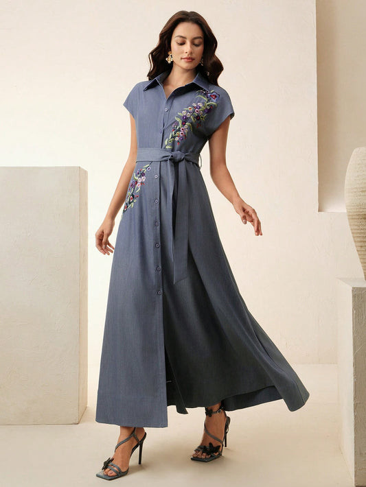 Open-Front Sleeveless Embroidery Floral Dress With Belt