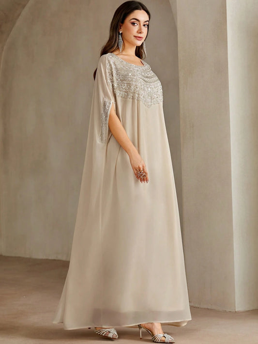 Round Neck Embellished Floral Collar And Rhinestones Kaftan