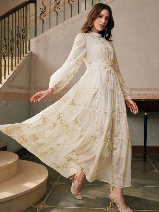 Embroidered Round Neck Waist Cinched Dress