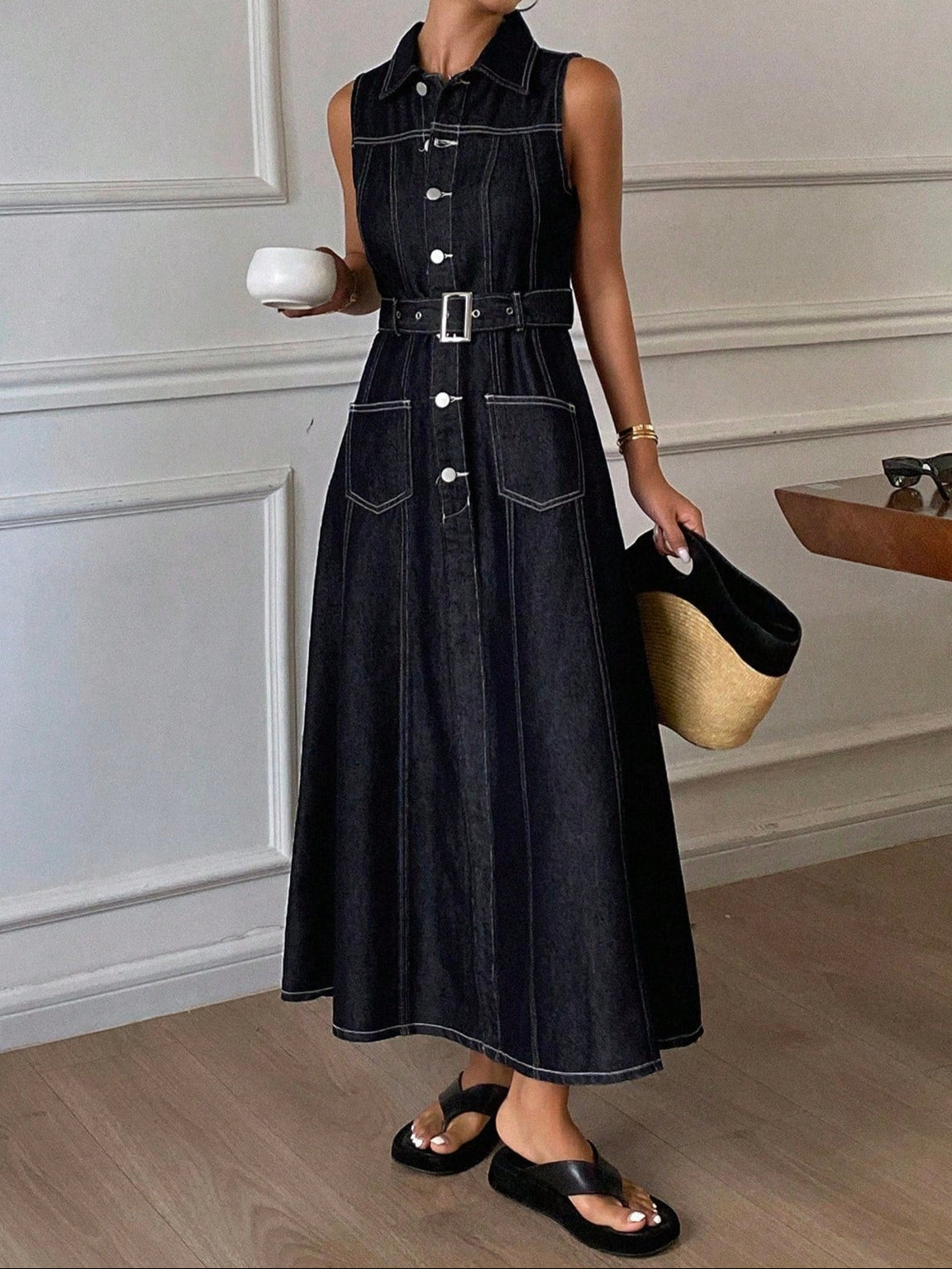 Women's Casual Sleeveless Cinched Waist A-Line Dress