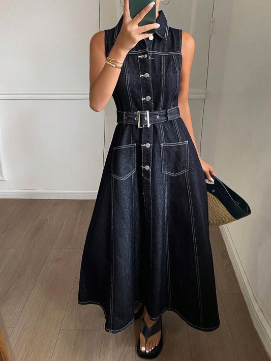 Women's Casual Sleeveless Cinched Waist A-Line Dress