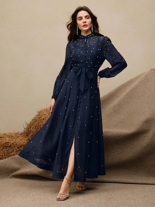 Women's Long Dress With 3D Rhinestone Decor