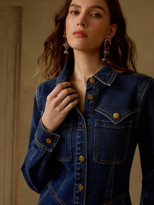 Collared Waist Cinched Solid Color Denim Dress