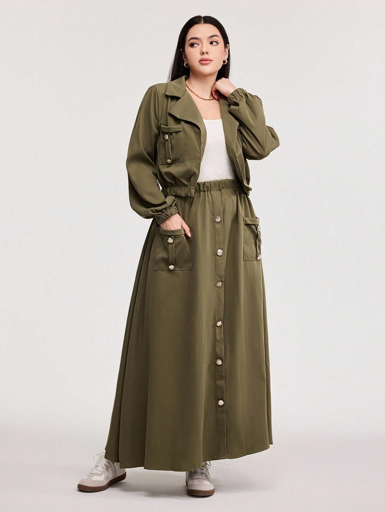2pcs Set- Jacket With Stand Collar & Waist Gathering Skirt