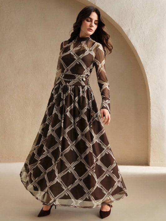 Brown Waist Cinched Graphic Print Flared Dress With Belt