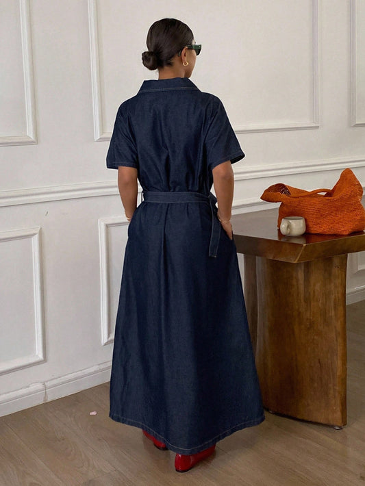 Women's Summer Collared Waist Cinched Short Sleeve Denim Dress