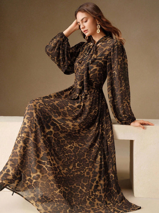 Leopard Print V-Neck Long Sleeve Cinched Waist Bow Dress