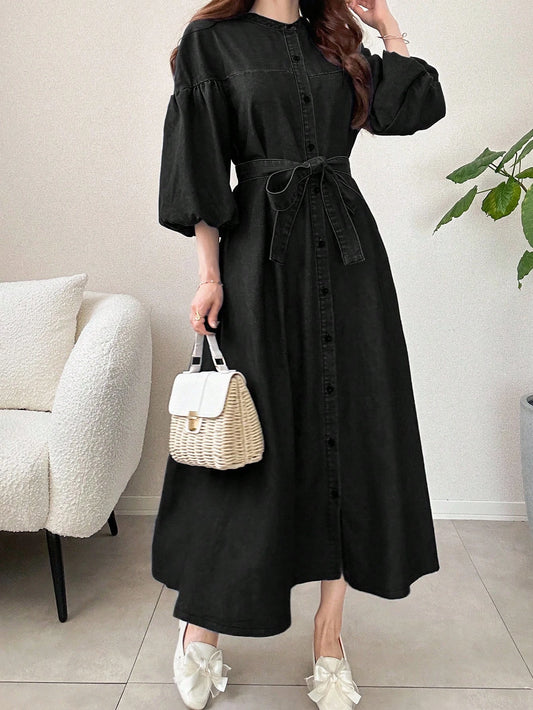 Denim Dress French Style Lantern Sleeves