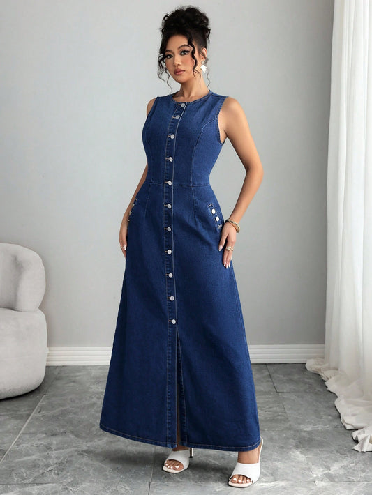 Mutton Sleeve Heart Collar Denim Dress