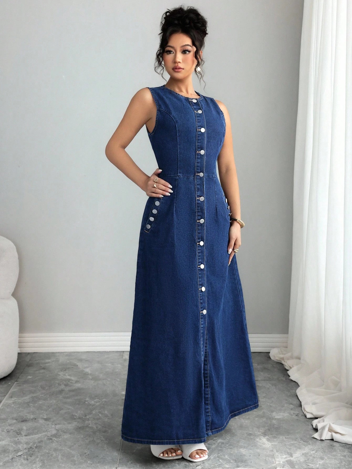 Mutton Sleeve Heart Collar Denim Dress