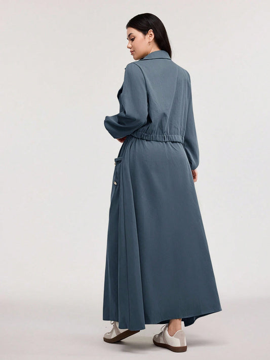 2pcs Set- Jacket With Stand Collar & Waist Gathering Skirt