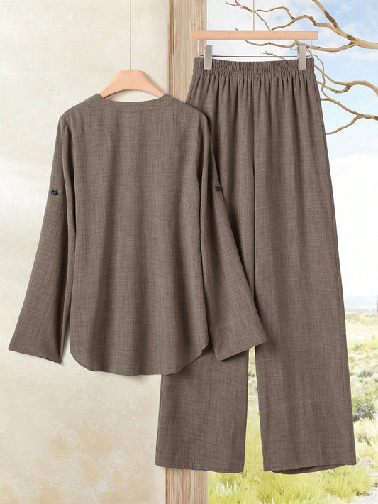 Roll-Up Sleeve Top And Elastic Waist Pants Set