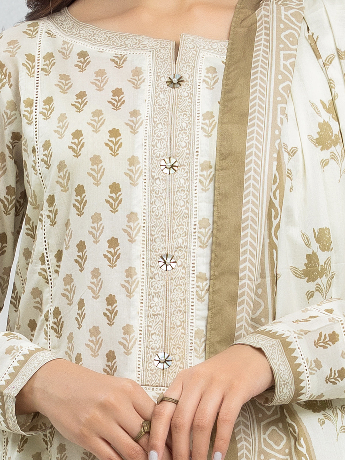 Beige & Brown Printed Lawn 3 Piece