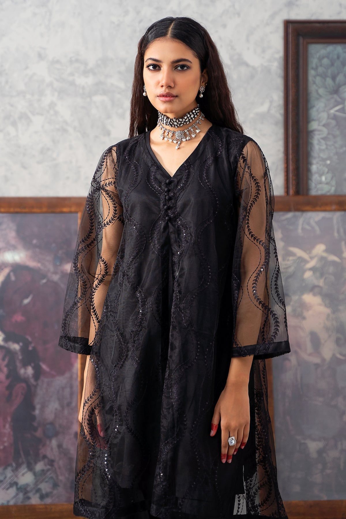 2-PC Embroidered Poly Organza Shirt with Trouser CMA-3-256 (BLACK)