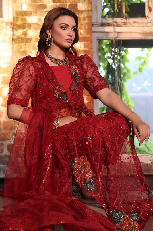 3-PC Embroidered Organza Shirt with Embroidered Net Dupatta and Trouser CMA-4-052 MEHROON