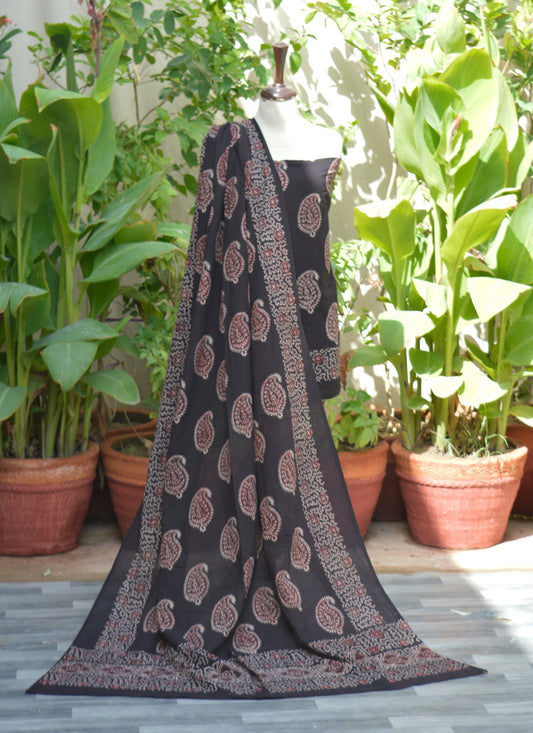 Ajrak Black Anbi Kakkar Unstitched Two-Piece – Luxury Organic Dye Hand Block Print Ajrak Design Dress Lawn