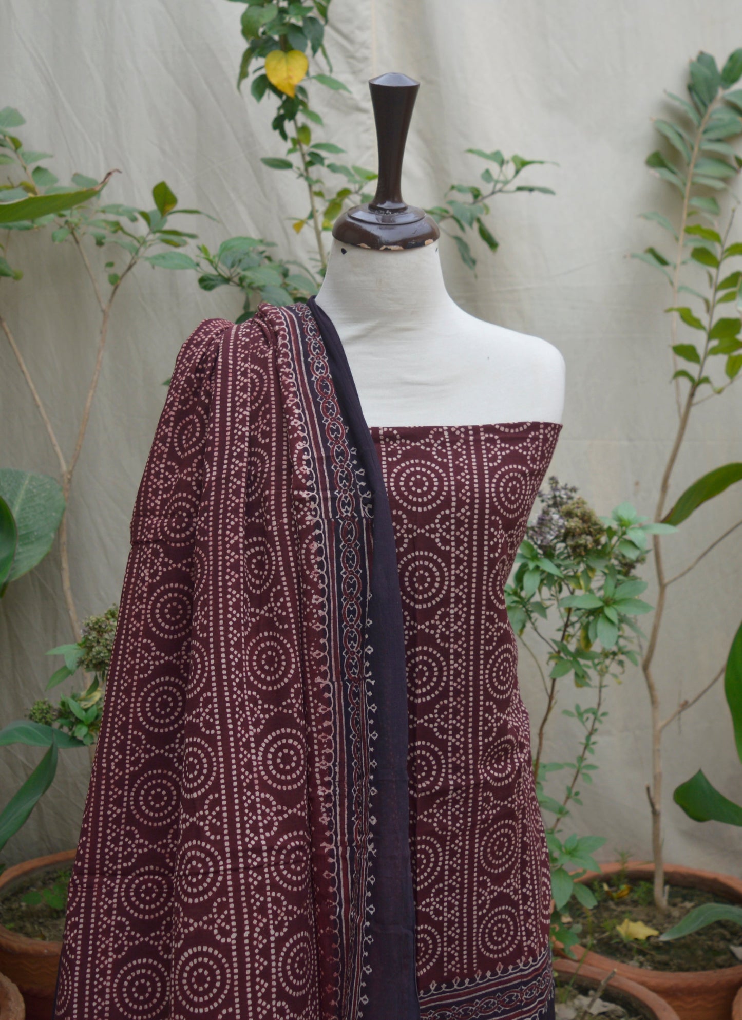 Organic Dye Hand Block Printed Ajrak Chunri Maroon Two‑Piece Lawn Set – Unstitched Shirt & Dupatta