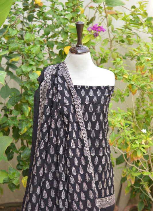 Organic Dye Hand Block Printed Ajrak Design Dress Black Mountain Butta – Unstitched Lawn Two-Piece (Shirt & Dupatta)