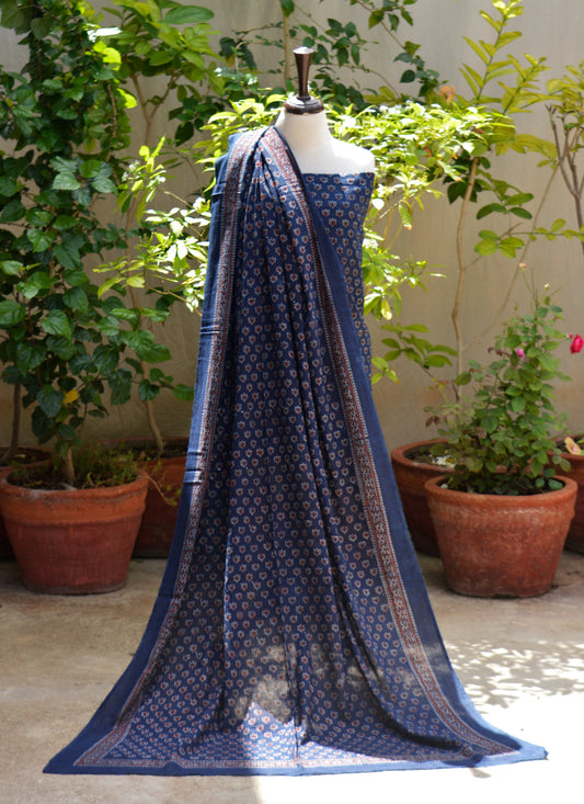 Ajrak Blue Lotus Hand Block Printed Two-Piece (Shirt & Dupatta) – Premium Lawn | Ajrak Design Dress