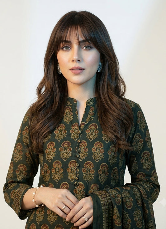Organic Dye Hand Block Printed Ajrak Green Floral Butta with Maroon Filling – Unstitched Lawn Two-Piece (Shirt & Dupatta)