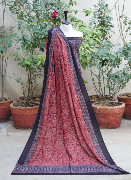 Ajrak Floral Bel Hand Block Printed Two-Piece Dress – Lawn (Unstitched Shirt & Dupatta)