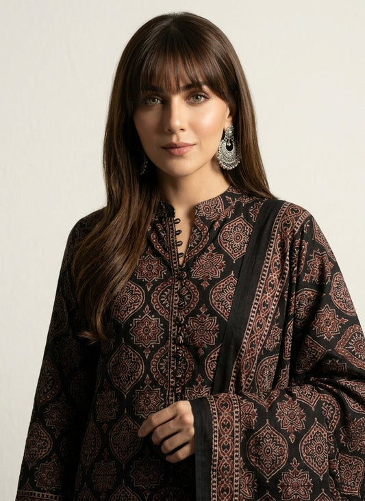 Organic Dye Hand Block Printed Ajrak Design Dress Two Tone Badam – Unstitched Lawn Two-Piece (Shirt & Dupatta)