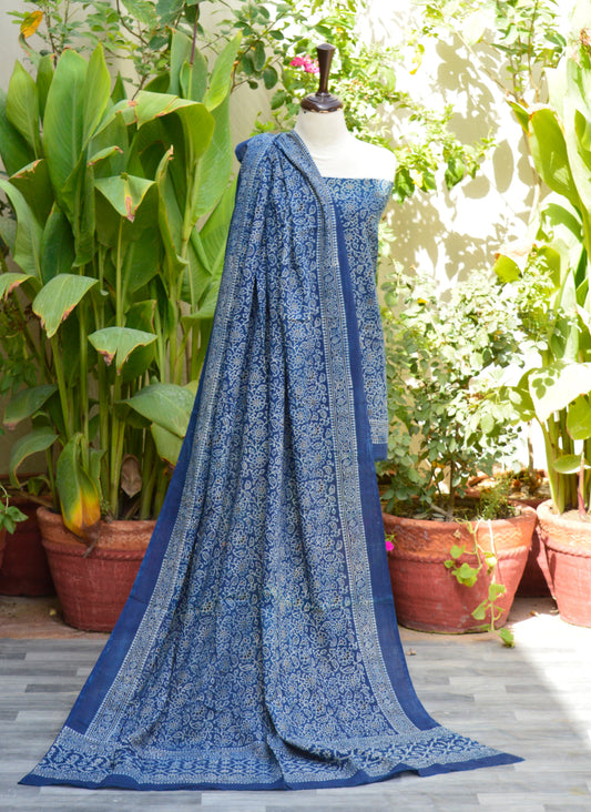Ajrak Indigo Floral Bel – Unstitched Two-Piece Dress (Lawn Fabric)