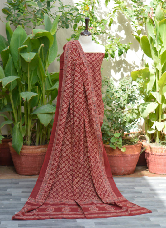 Organic Dye Hand Block Printed Ajrak Floral Two-Piece Set – Lawn (Shirt & Dupatta)