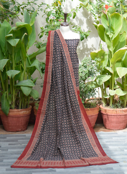 Organic Dye Hand Block Printed Ajrak Floral Jaal Black Two-Piece – Lawn (Shirt & Dupatta)